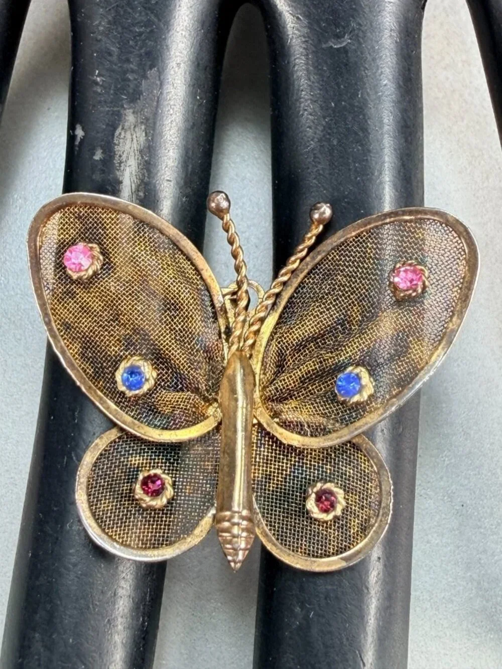 Vintage Gold Mesh Butterfly Brooch Pin stone accents
